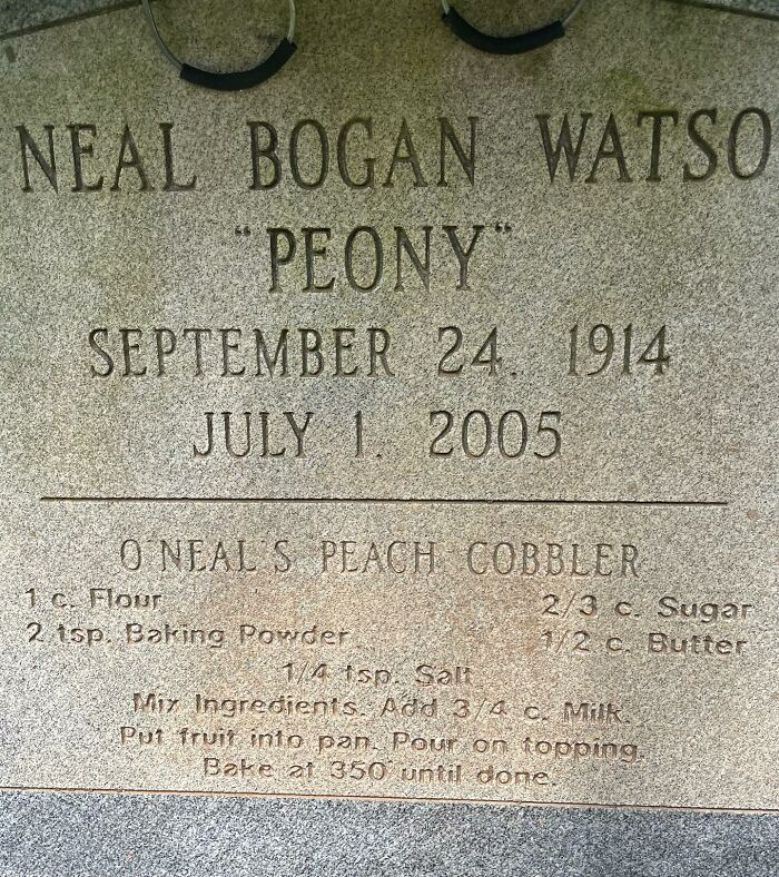 Tombstone engraved with a peach cobbler recipe, part of woman tracking recipes etched on tombstones across the USA.
