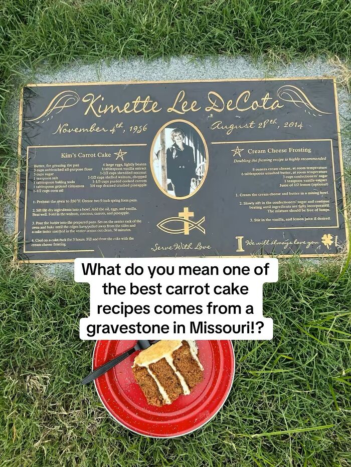 Gravestone in Missouri etched with a carrot cake recipe, part of woman’s quest tracking recipes across the USA.