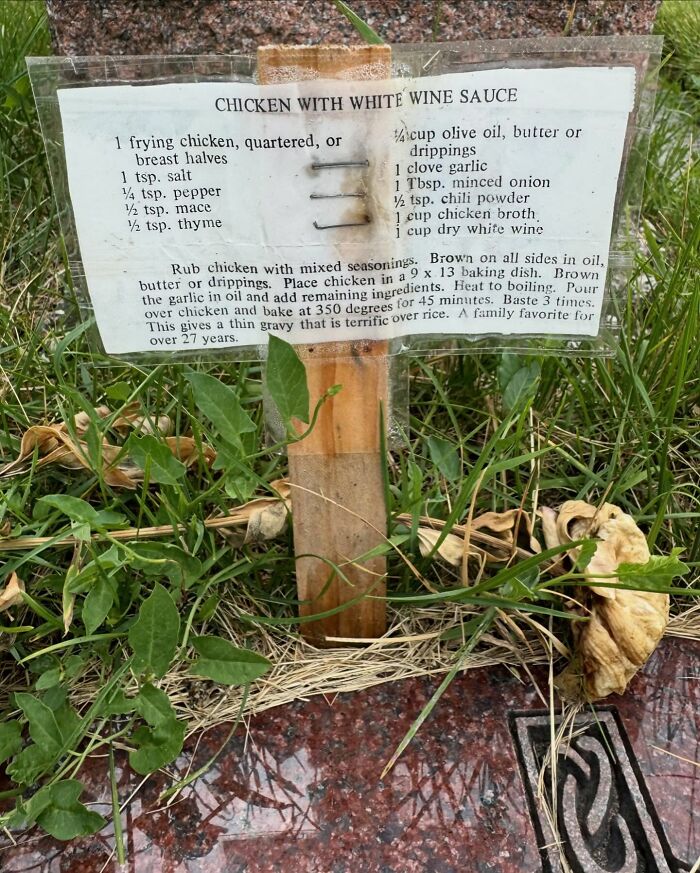 Recipe for chicken with white wine sauce etched on a tombstone, part of woman tracking down recipes across the USA.