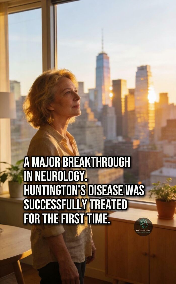 Woman looking out window at city skyline during sunset, highlighting a major breakthrough in neurology and Huntington’s disease treatment.