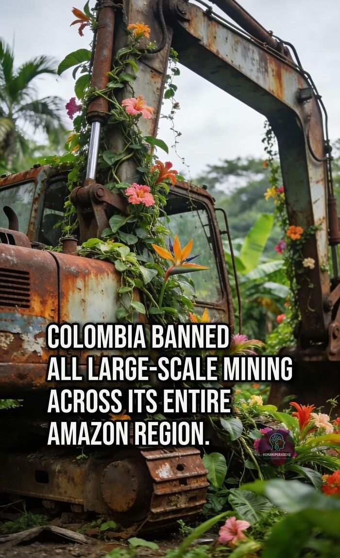 Rusty excavator overgrown with flowers and plants, symbolizing good things that happened recently in environmental protection.