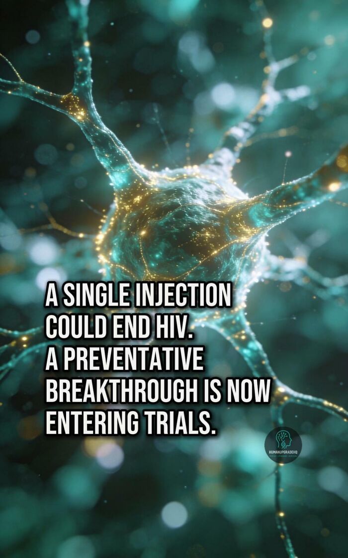 Close-up of a glowing neuron with text about a preventative breakthrough in HIV treatment from good things that happened recently.