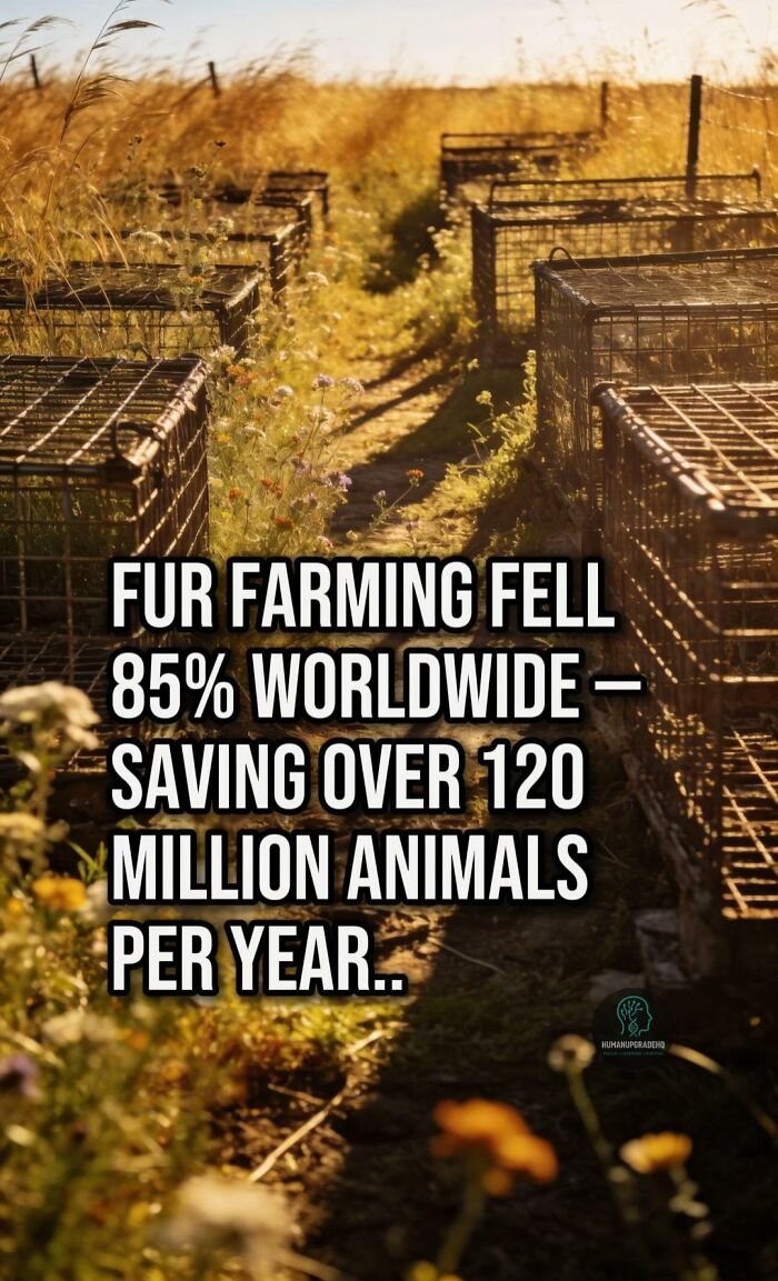 Cages in a sunlit field representing the decline in fur farming and positive recent good things news.
