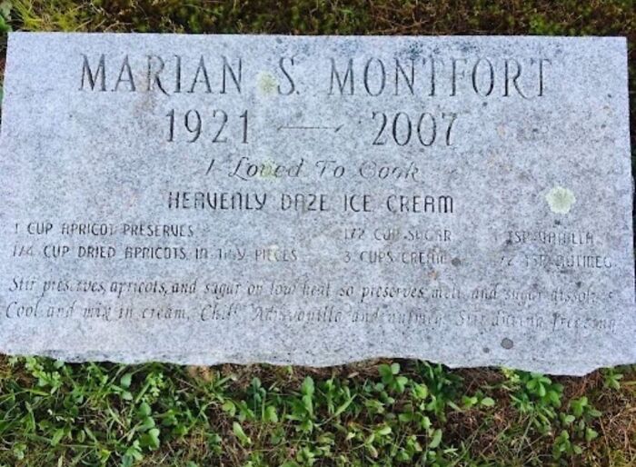 Tombstone with a recipe for Heavenly Daze Ice Cream etched, part of woman’s quest tracking recipes on tombstones in the USA.