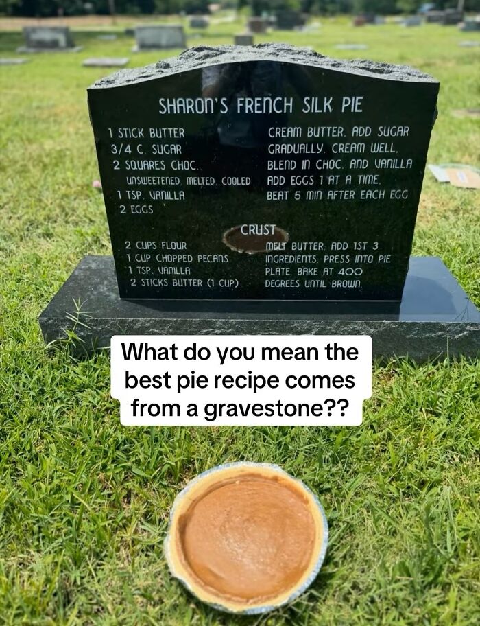 Tombstone etched with Sharon’s French Silk Pie recipe, part of woman’s recipe tracking across the USA.