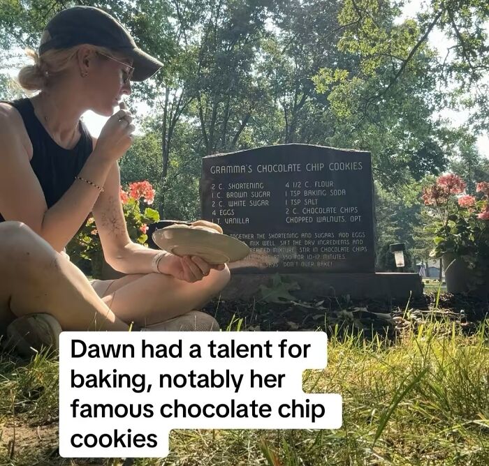 Woman sitting beside a tombstone with a chocolate chip cookie recipe etched, tracking down recipes across the USA.