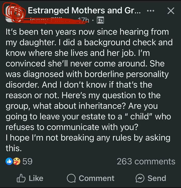 Post from a family estrangement group discussing inheritance dilemmas with delusional entitled family members.