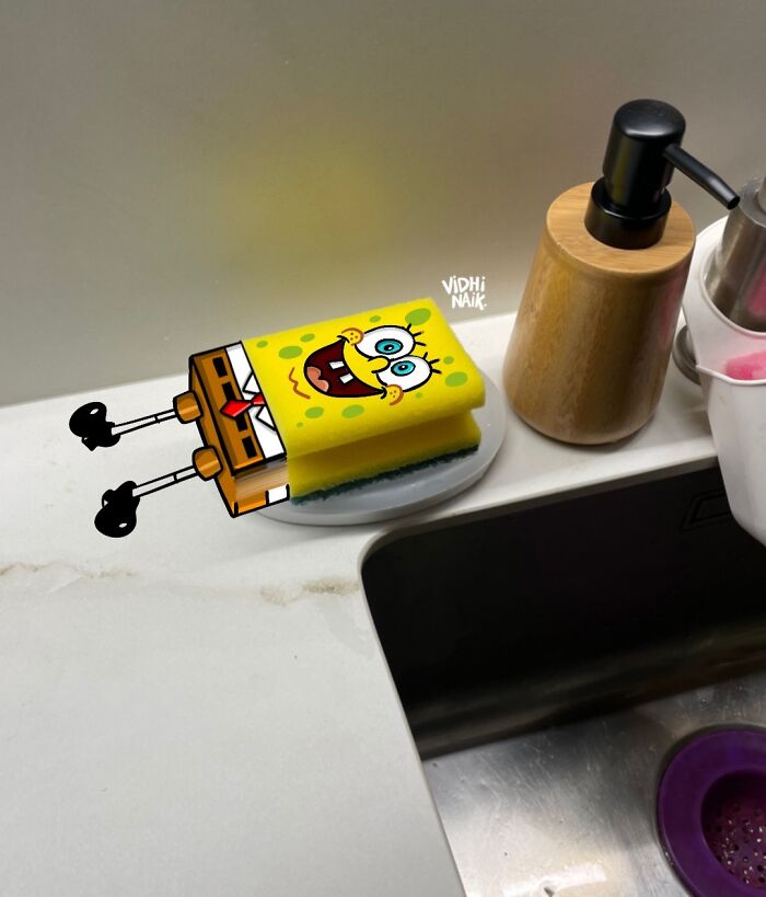 Kitchen sponge turned into a cartoon scene with a happy character next to soap dispenser, showcasing everyday places creatively.