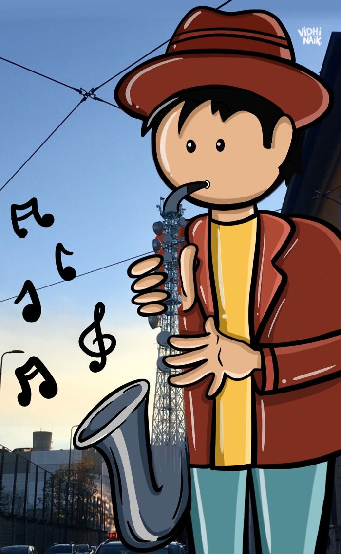 Cartoon musician playing saxophone added to random everyday urban scene with transmission tower and power lines background.