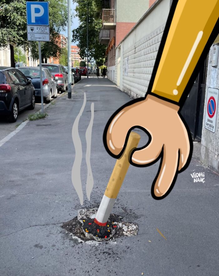 Cartoon scene of a giant hand extinguishing a cigarette on a street pothole, turning everyday places into art.