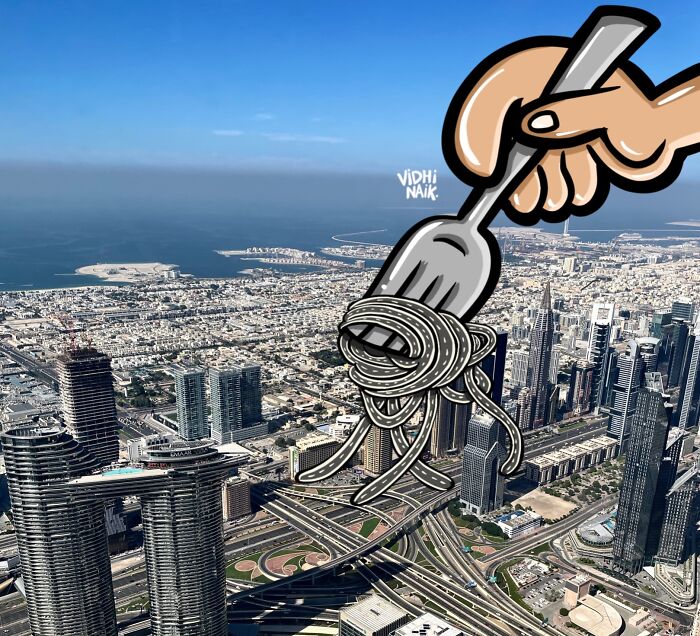 A cityscape with a cartoon fork twirling roads like spaghetti in creative everyday place cartoon scenes.