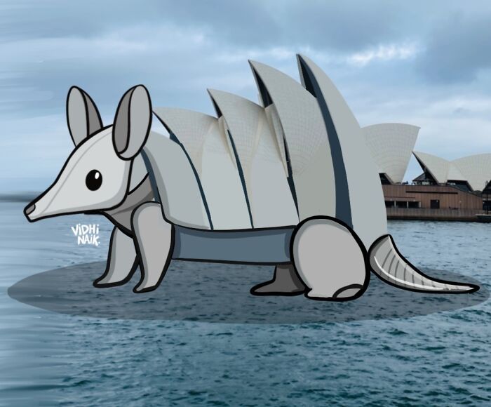 Cartoon armadillo with Sydney Opera House shells, blending everyday places into creative cartoon scenes by artist.