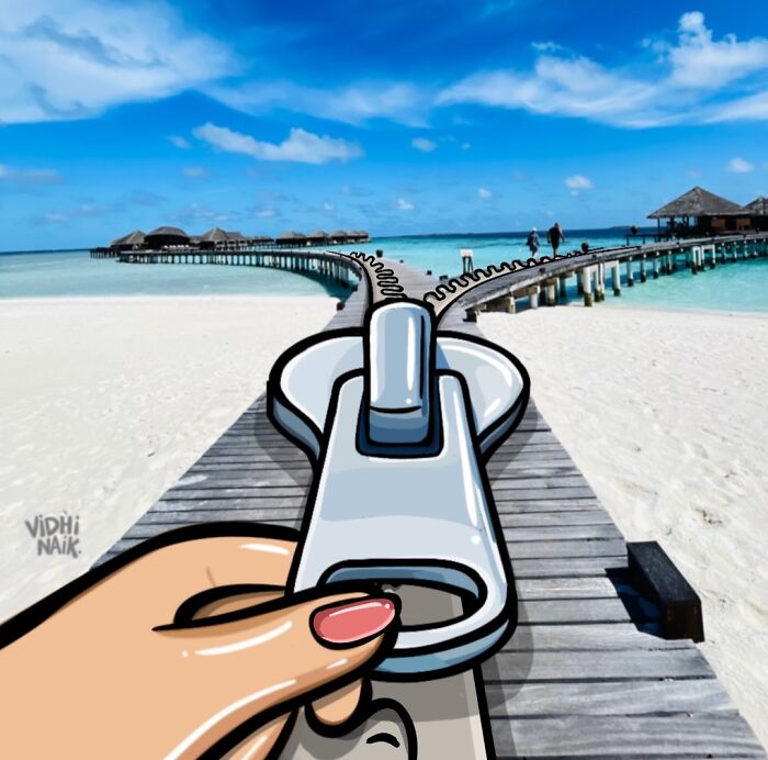 A digital artwork showing an artist turning an everyday beach scene into a cartoon zipper opening to reveal the ocean.
