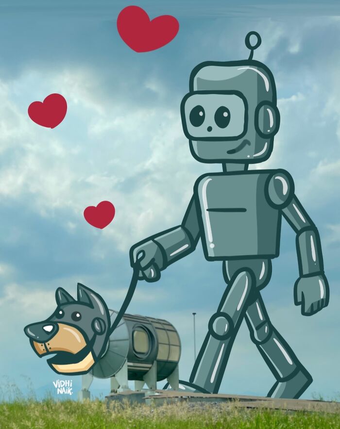 Cartoon scene of a robot walking a dog sculpture, showcasing creative art turning everyday places into little cartoon scenes.