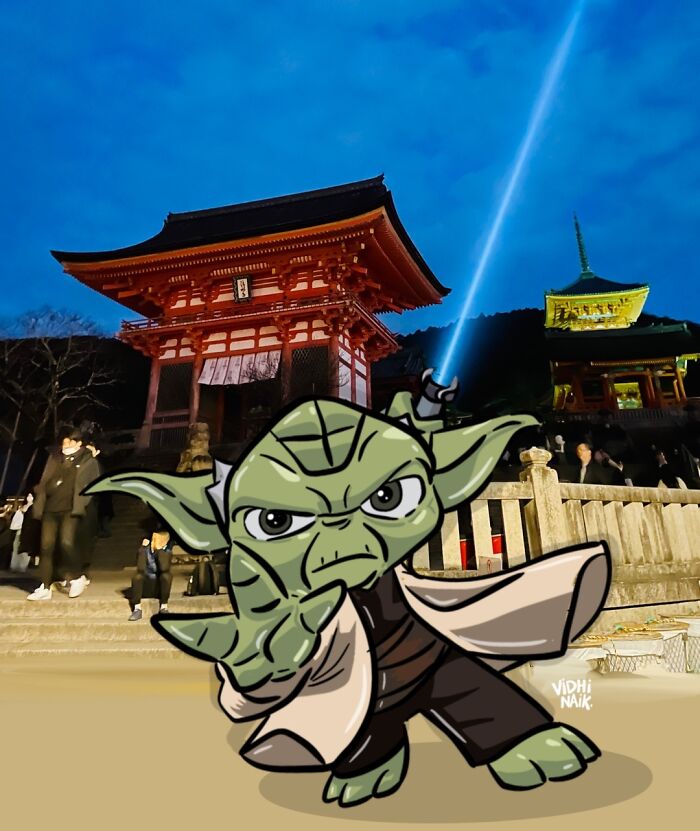 Cartoon Yoda character in front of a Japanese temple at night, showcasing artist’s everyday places turned cartoon scenes.