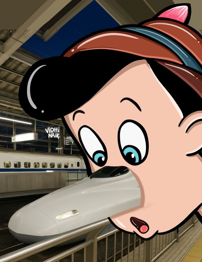 Cartoon character merges with a train nose at a station, showcasing how an artist turns everyday places into little cartoon scenes.