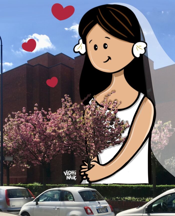 Cartoon scene by artist blending everyday street and blooming trees with animated character holding flowers and hearts above.