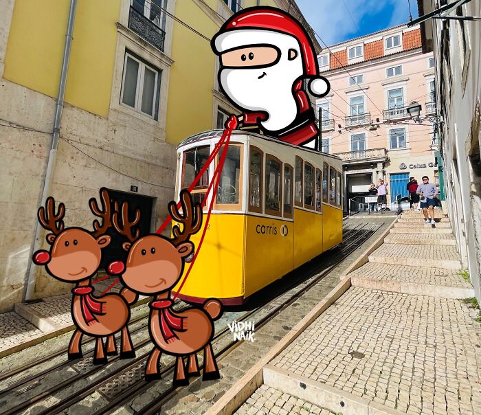 Cartoon Santa and reindeer added to a yellow tram in a city street, showcasing artist's everyday places turned into cartoon scenes.