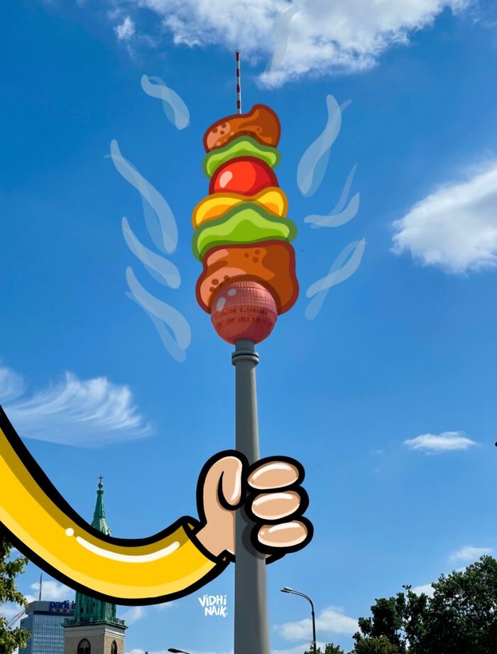 Streetlight transformed into a cartoon skewer with colorful vegetables and smoke by an artist turning everyday places into scenes.