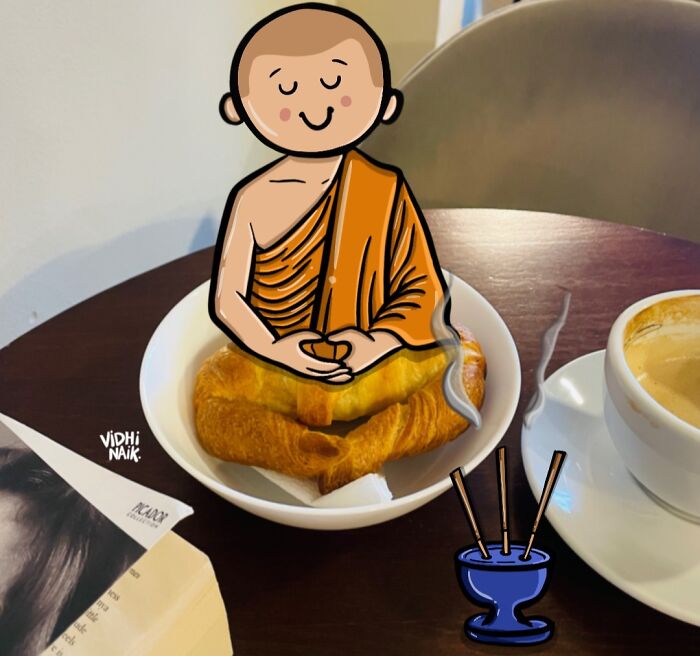 Cartoon monk sitting meditating on croissant in bowl with incense, creative artist turning everyday places into cartoon scenes.