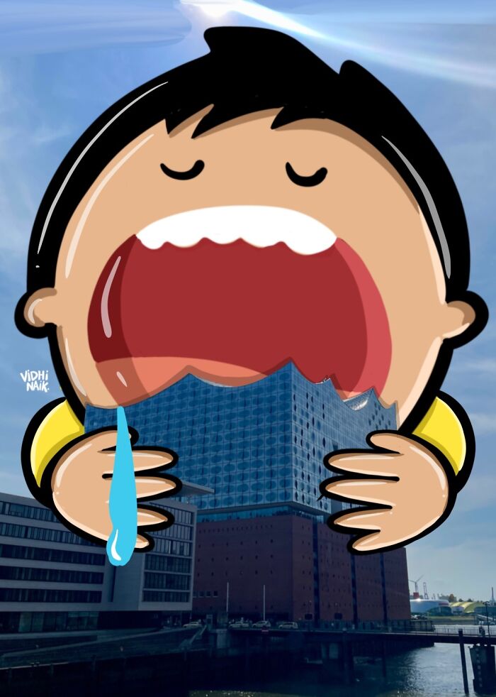 Cartoon scene artwork by artist transforms building into giant character eating cityscape with drooling expression in daylight.