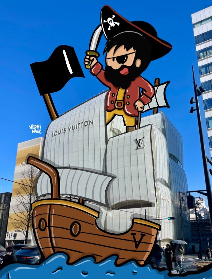 Cartoon pirate ship and character creatively integrated with Louis Vuitton building in everyday place cartoon scene.