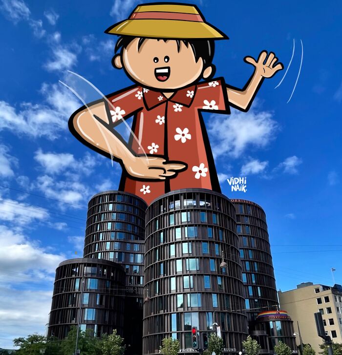 Cartoon scene of a cheerful character in a hat dancing over modern buildings, showcasing artist’s everyday place transformations.