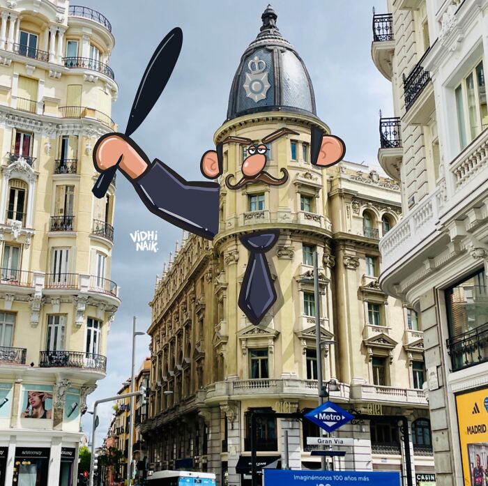 Cartoon scene by artist blending everyday building into a whimsical character with a hat and mustache on city street.