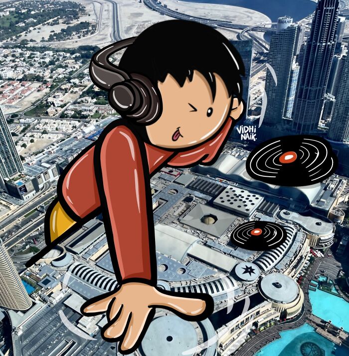 Cartoon DJ character with headphones scratching giant vinyl records over an aerial cityscape in creative artwork.