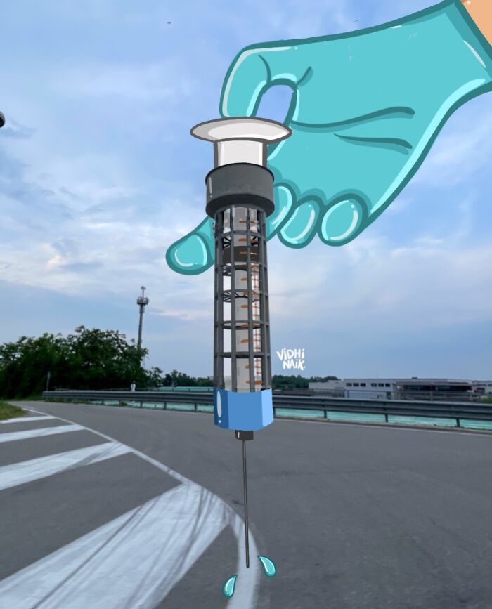 Cartoon art transforms a highway scene into a giant syringe held by a blue hand, blending everyday places with creative illustrations.