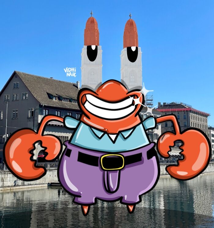 Cartoon crab character added to everyday urban scene, blending art with random places in creative cartoon scenes.
