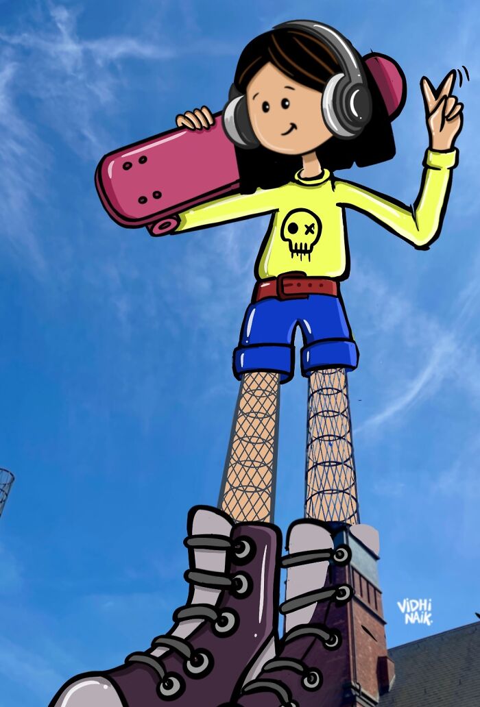 Cartoon scene of a girl with headphones and skateboard, created by an artist transforming everyday places into cartoons.