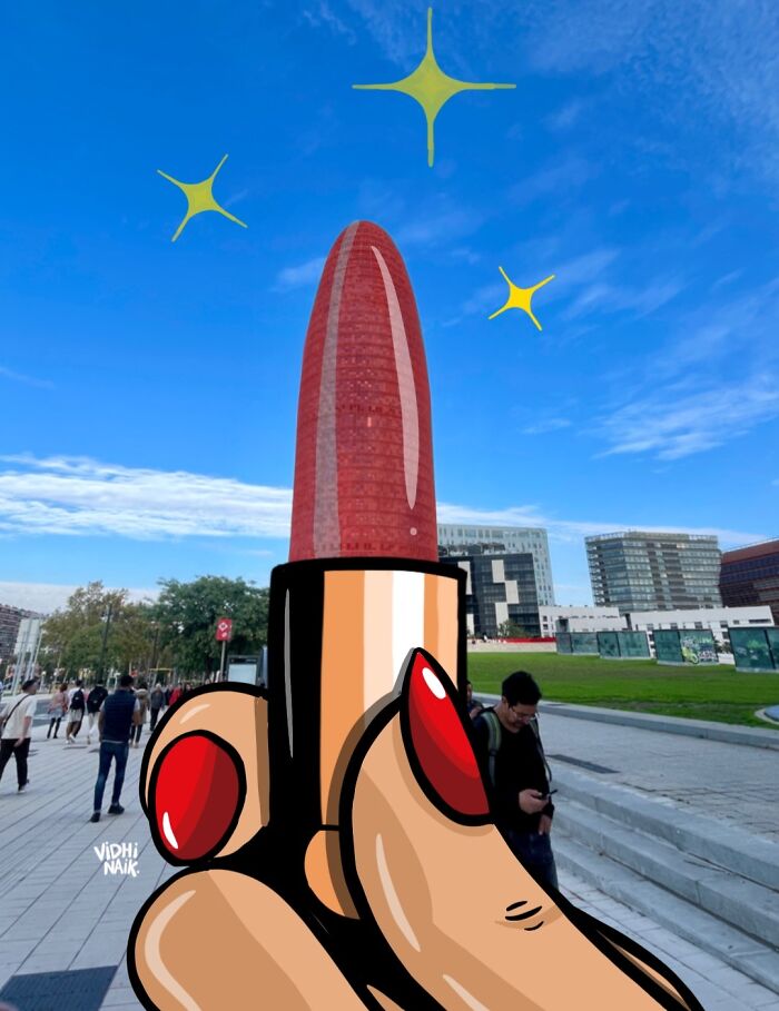 Cartoon scene of a hand holding a giant lipstick with a real urban background, showcasing creative everyday place art.