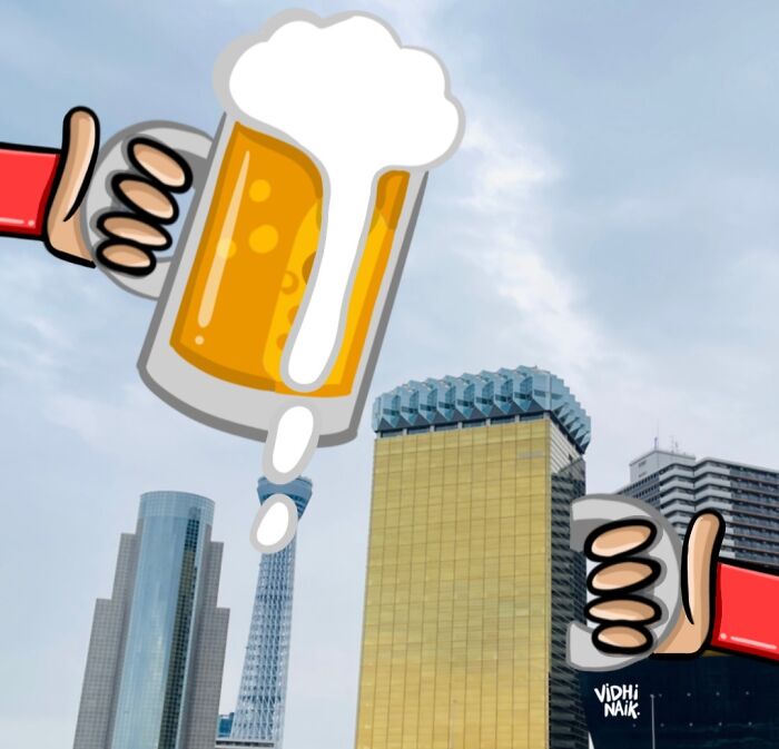 Cartoon hands holding a frothy beer glass, creating a playful scene over city skyscrapers in everyday places.