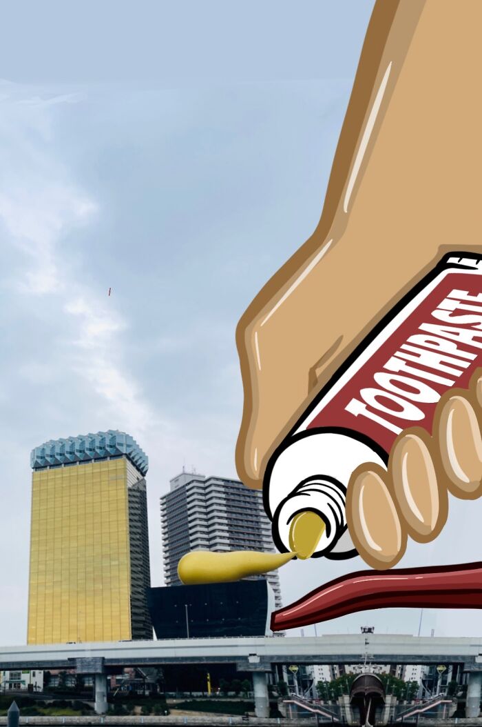 Cartoon scene of a hand squeezing toothpaste onto a building rooftop in a city, turning everyday places into art.