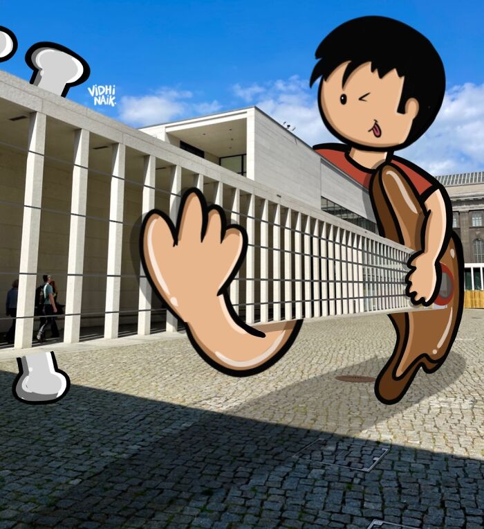 Cartoon scene of a person playing a guitar created by an artist turning everyday places into little cartoon scenes.