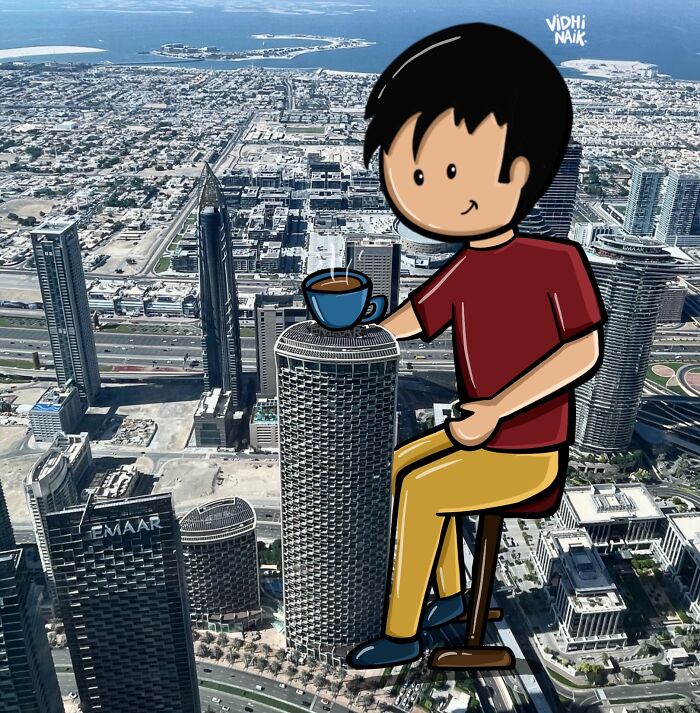 Cartoon character sitting with a coffee cup on a skyscraper roof in a city, showing everyday places turned into cartoon scenes.