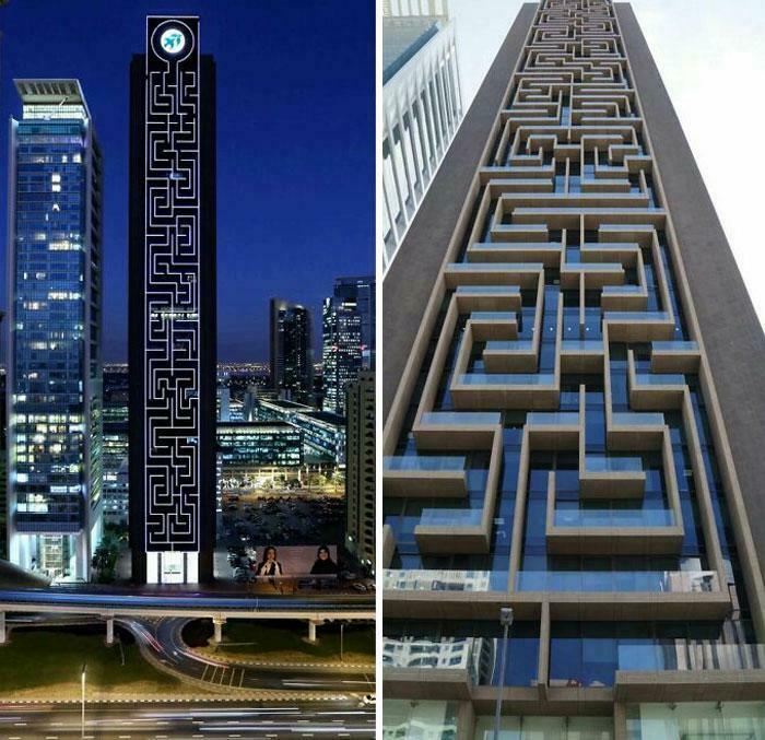 A tall building featuring an intricate maze design on its facade, a modern structure suitable for an evil mastermind.