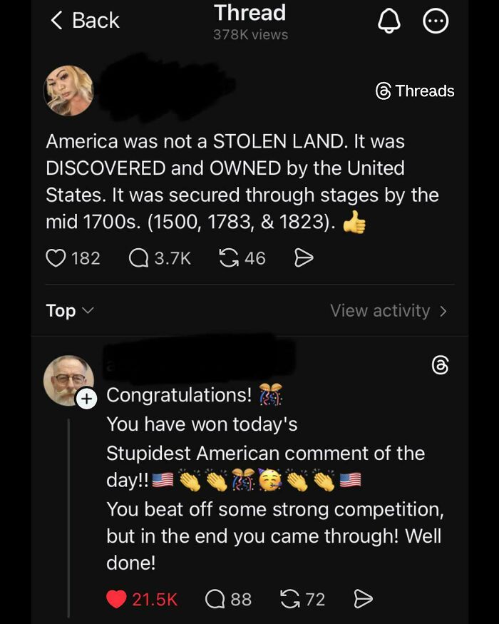 A thread showing one of the dumbest things posted by Americans about the history of US land ownership.