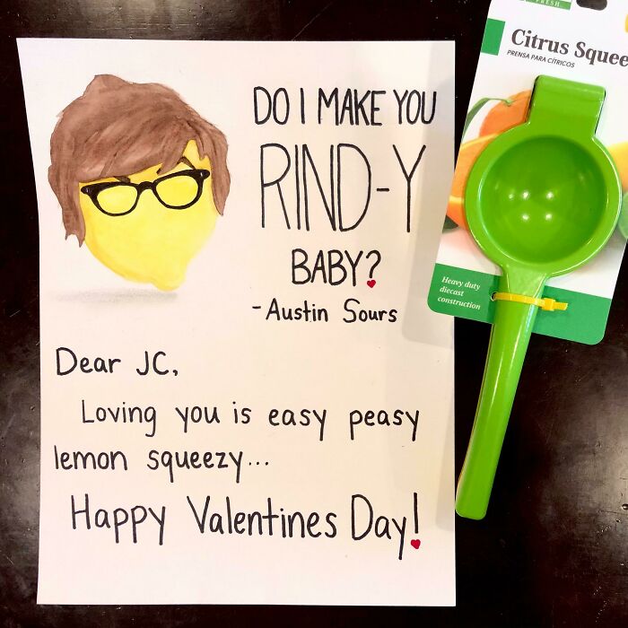 Funny Valentine’s Day gift idea with a citrus squeezer and a handwritten love note pun on lemon squeeze.