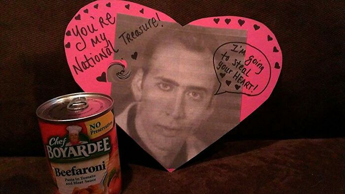 Can of Chef Boyardee with a funny Valentine’s Day card featuring a humorous photo and playful messages.