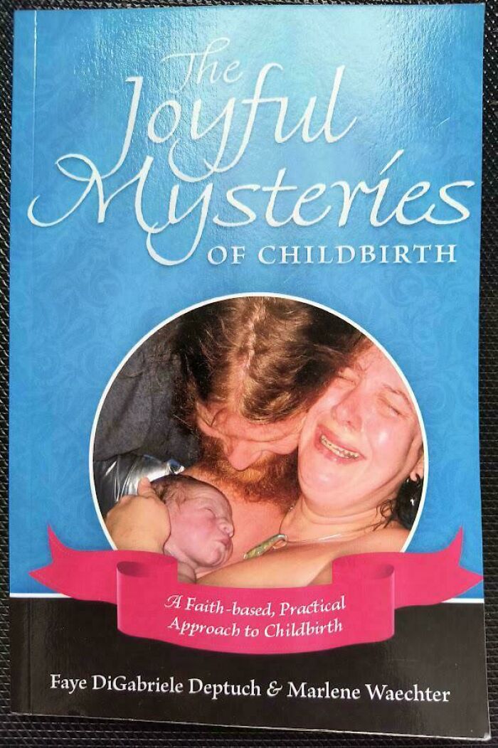 Book cover showing a childbirth scene with a mother, father, and newborn, part of terrible book covers collection.