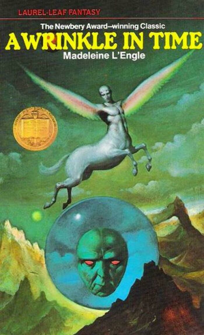 Terrifying book cover of A Wrinkle in Time with a centaur figure and a glowing green face in a surreal landscape.