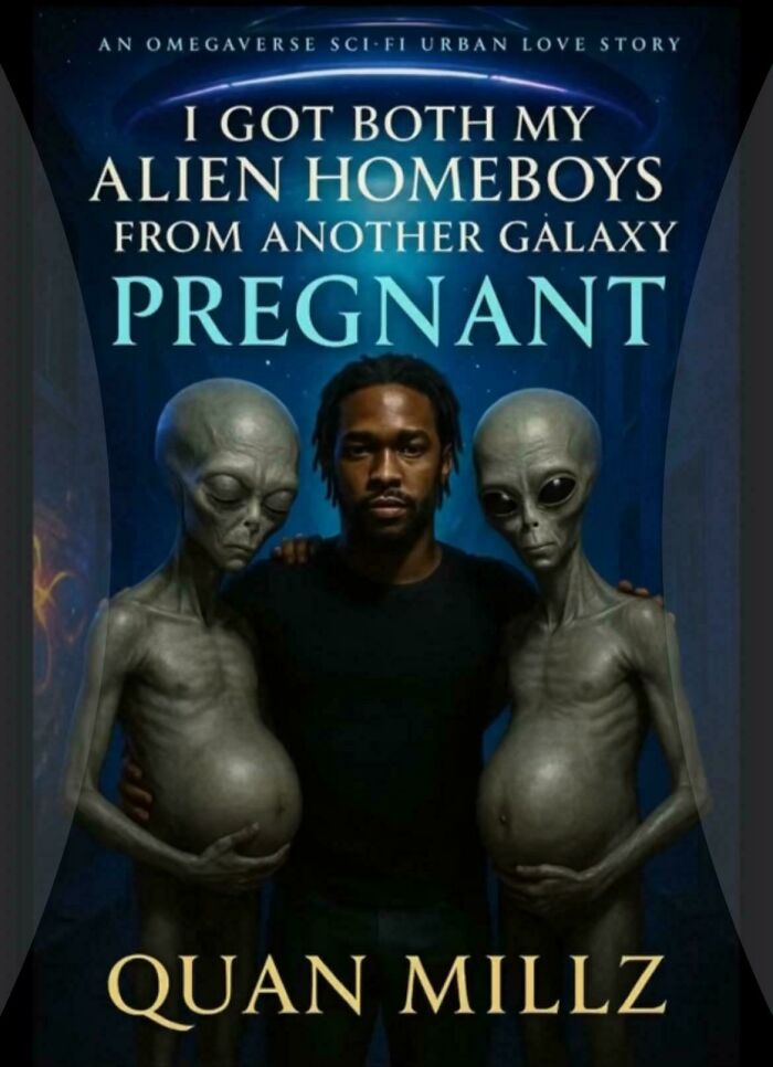 Book cover featuring a man with two pregnant aliens, illustrating a terrible book cover that draws judgment.