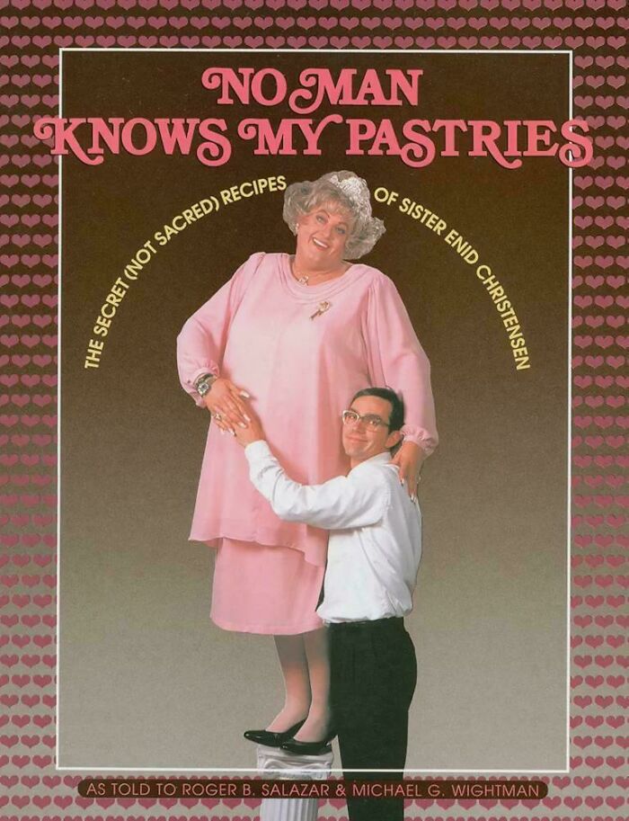 Book cover of "No Man Knows My Pastries" featuring two people posing, illustrating one of the terrible book covers.