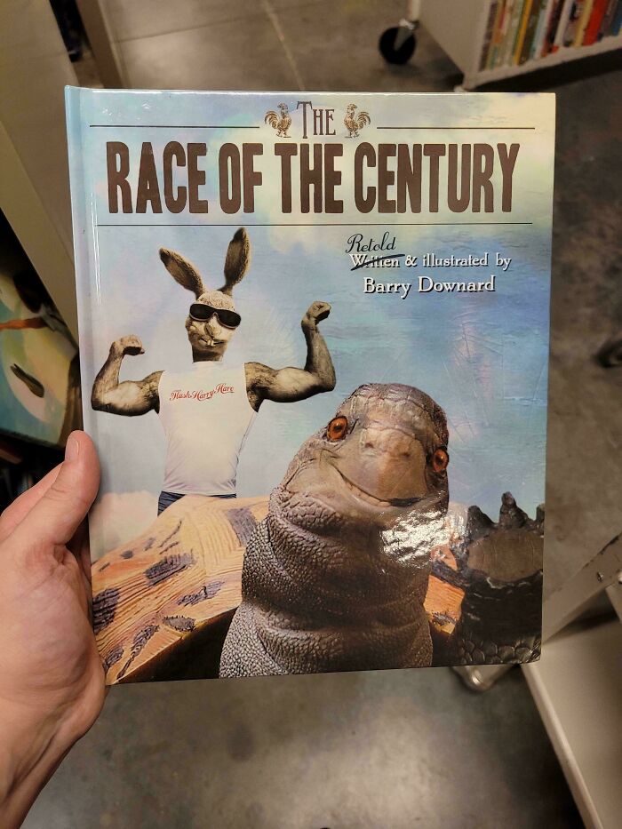 Book cover showing a muscular rabbit wearing sunglasses next to a large tortoise, a notable example of terrible book covers.