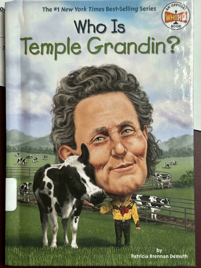 Book cover with a caricature of Temple Grandin petting a cow in a pasture, an example of terrible book covers to judge.