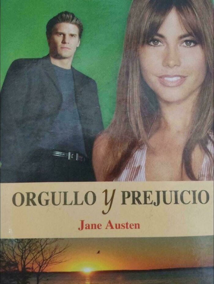 Terrible book cover featuring modern photos and a sunset for a Jane Austen classic, showcasing poor design choices.