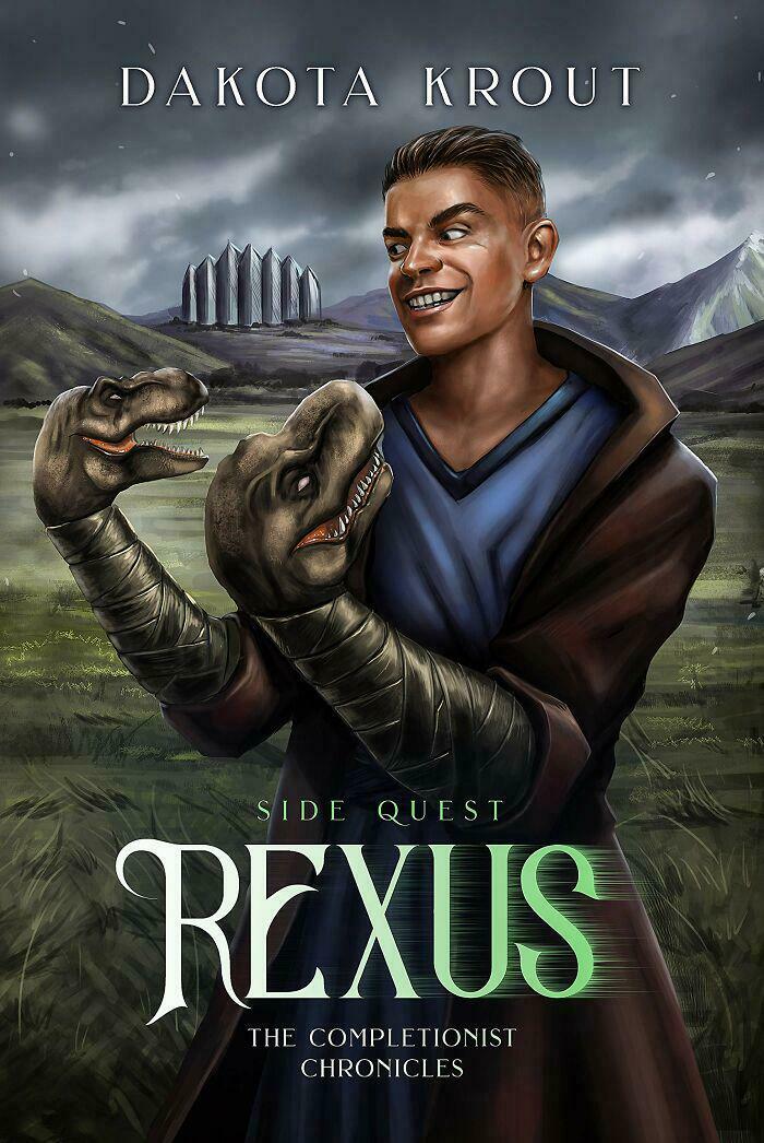 Book cover featuring a man with dinosaur hand puppets in a fantasy landscape, illustrating a terrible book cover example.