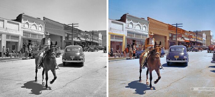 Black and white and colorized images of a man on horseback in a historic street scene showing stunning works by Sébastien De Oliveira.
